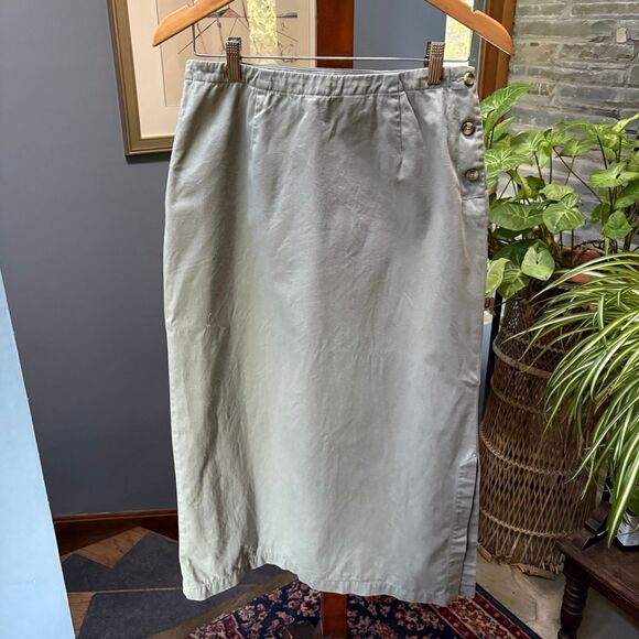 Eddie Bauer Long A-Line 100% Cotton Khaki Skirt w/ Tortoise Buttons size 8 - Picture 2 of 8